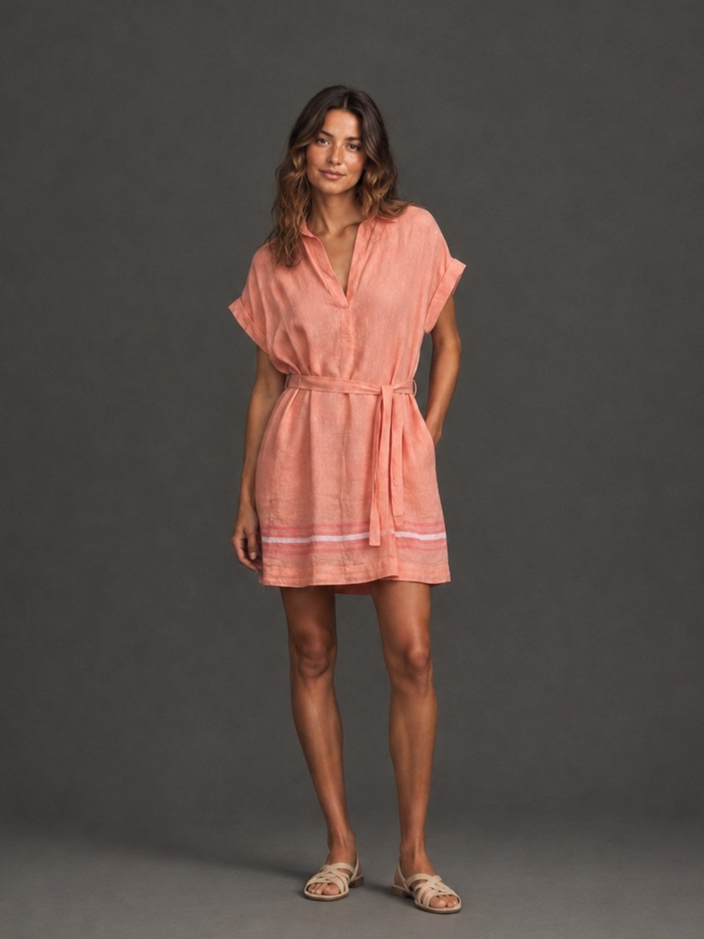 Talbots Coral Linen Belted Shirt Dress Size Large - Picture 1 of 5